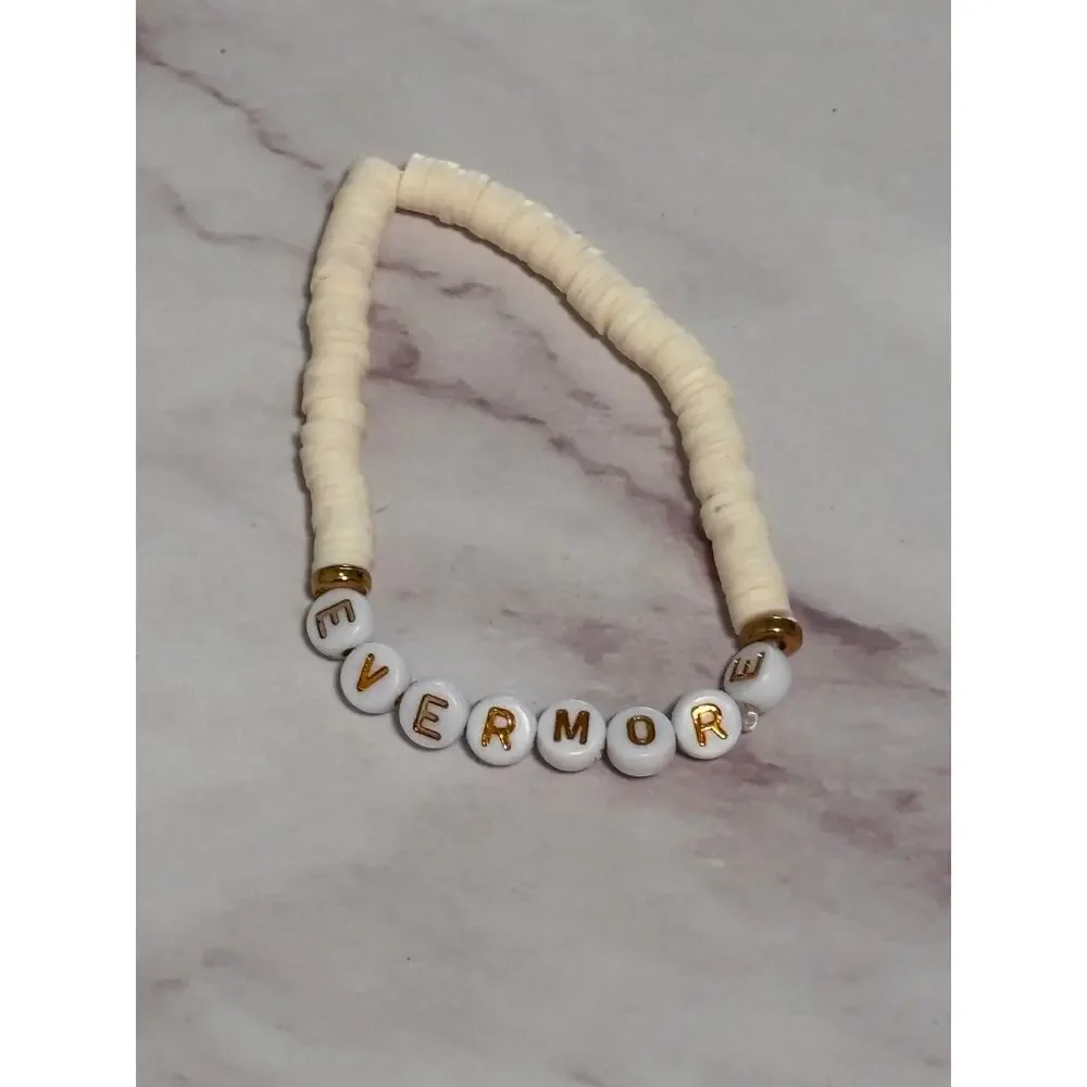 Evermore White Creame Heishi Word Bracelet 7 Inch Clay Gold White Letter Beads